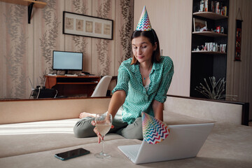 Girl celebrating birthday online in quarantine time.