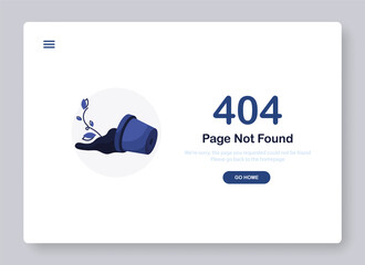 404 error page not found. Go to home banner. System error, broken page. Shattered pot with flower and soil. Popping window for website. Web Template. Blue. Eps 10