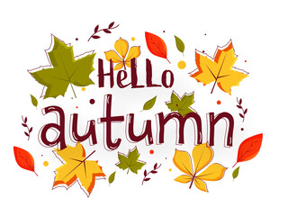 Fototapeta na wymiar Hello Autumn Text with Colorful Leaves Decorated on White Background.