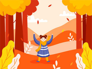 Character of Cheerful Girl Raising Hands Up on Nature View or Garden Background.