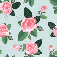 Seamless roses flowers pattern on light blue background vector image