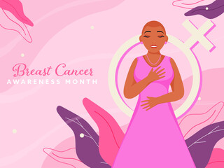Breast Cancer Awareness Month Text with Bald Young Girl Character, Venus Sign and Leaves Decorated on Pink Background.