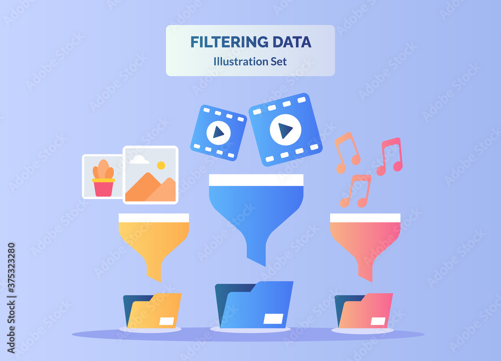Aufkleber filtering data illustration set picture video music on funnel to save file folder with flat color st