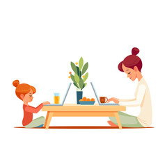Working mother works from home office with kid. Freelancer workplace with laptop and the Internet. People at home work and child education in quarantine pandemic. Cartoon vector illustration