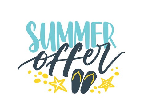 Seasonal sale promo lettering composition with handwritten cursive phrase. Summer Offer inscription. Flat vector illustration isolated on white background
