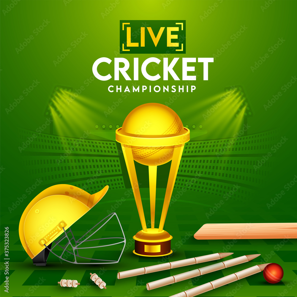 Sticker Live Cricket Championship Poster Design with Realistic Red Ball, Bat, Wickets, Helmet and Golden Trophy Cup on Green Stadium View Background.