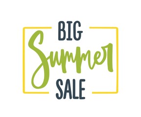 Big Summer Sale phrase in yellow frame for seasonal discount. Advertising inscription with handwritten cursive promo text. Flat vector composition isolated on white background