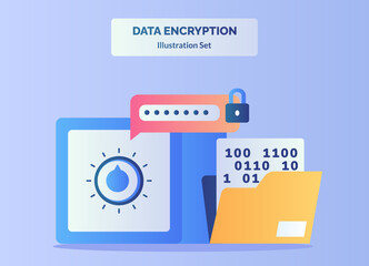Data encryption illustration set input password to unlock vault bank background of number in file folder with flat color style.