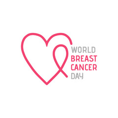 Pink ribbon with heart. Breast cancer awareness symbol. World Breast Cancer Day on October 15.