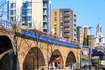 Limehouse viaduct carrying Docklands Light Railway system in London