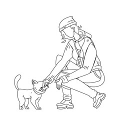 Woman Volunteer Feed Homeless Cat Vector Illustration