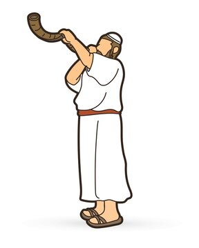 man blowing shofar, white robes clip art preview