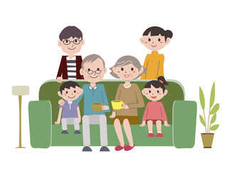 3世代家族がソファーでくつろぐ