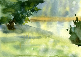 Obraz premium Summer landscape. Hand drawn watercolor illustration.