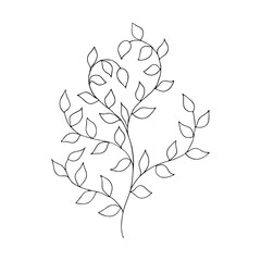 Branch with leaves. Decorative stylized element for creating spring, autumn, summer ornaments or border. Outline. Isolated on white background. The upper branches are curved in the shape of a heart.