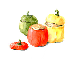 Orange, green, yellow stuffed paprika pepper. Watercolor illustration isolated on white background