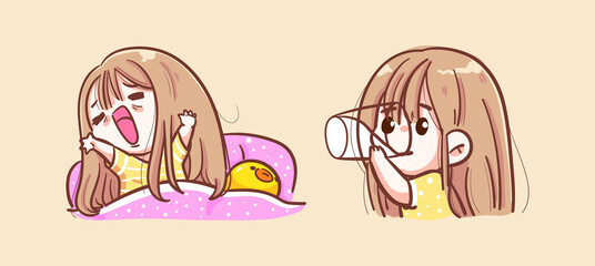 Young women wake up with refreshment and good health care on morning time background with happy and cheerful concept.