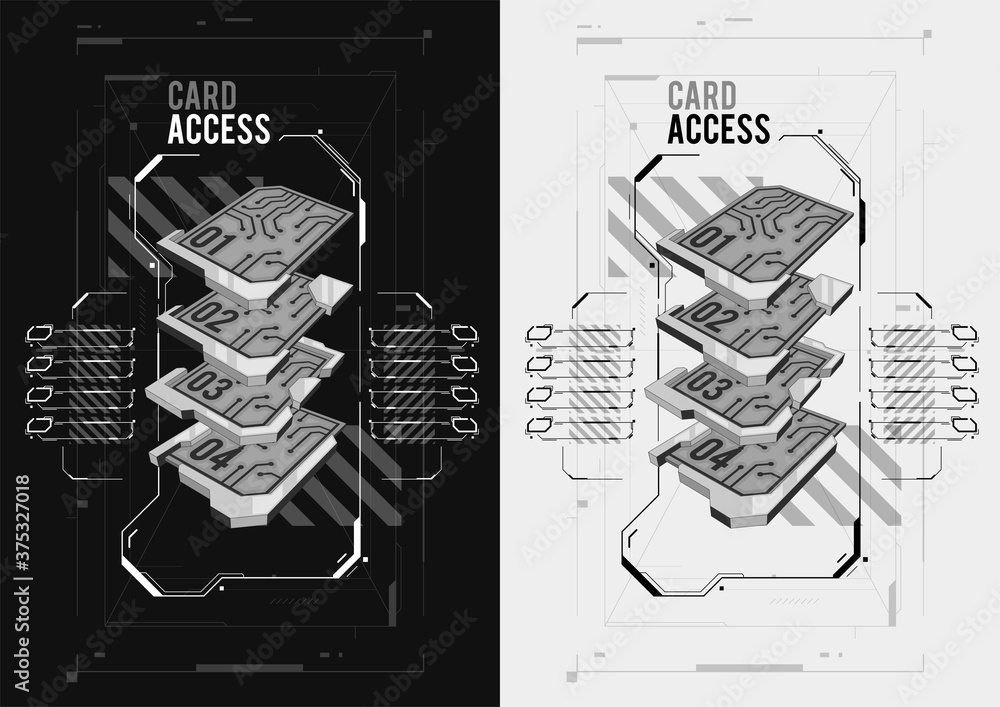 Wall mural biometric access control system cards in hud style. electronic modern system for opening, closing, l