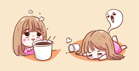 Sleepy girl need coffee cups and yawn face isolated on morning background with tired mood or lazy day.