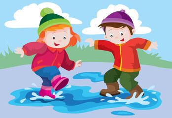 children, boy and girl, play in the street in autumn and have fun jumping in a puddle of water, cartoon illustration, vector,