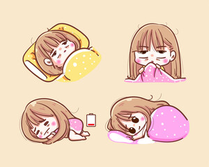 Unhappy girl try to sleep at night and insomnia on bedtime background with sleepless concept.