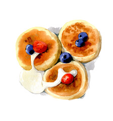 Pancake with cream, strawberry, blueberry and cream. Hand drawn watercolor illustration isolated on white background.