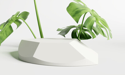 White abstract product display podium polygonal shape with tropical leaves monstera. 3D render