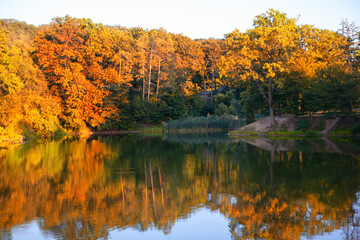 Autumn lake scenery . Beautiful nature of september 