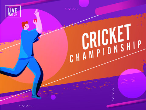Cricket Championship Poster Design with Cartoon Bowler Player and Orange Brush Strke on Purple Background.