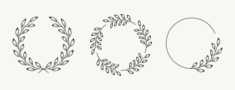 Set of laurel wreath design elements. Black circle border vector ornaments.