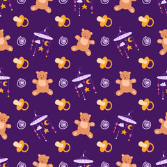 childhood or baby shower theme seamless pattern - nipple, teddy bear, toy, rattle, abstract elements on dark purple background, endless vector texture for nursery textiles or scrapbook
