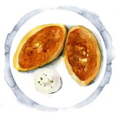 Closed pies with potatoes and sour cream. Russian national cuisine. Zrazy. Hand drawn watercolor illustration isolated on white background