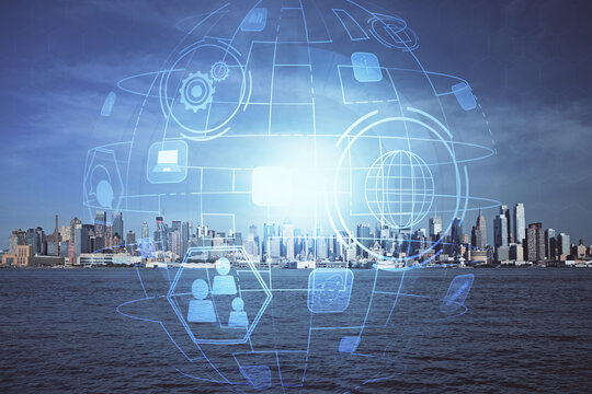 Double exposure of social network theme drawing and cityscape background. Concept of people connecton. - Powered by Adobe