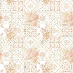 Watercolor mosaic seamless pattern. Moroccan ceramic decoration tile and bouquets. Abstract seamless ornamental print. Hand drawn geometric design for wallpaper, stickers, print, fabric