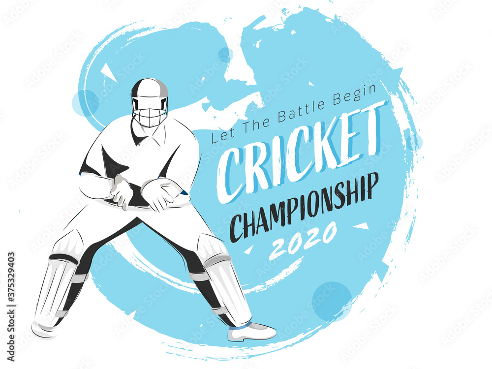 Sticker cricket championship 2020 text written by brush with cartoon player in catch pose on blue and white 