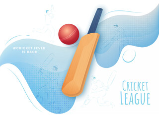 Cricket League Concept with Realistic Bat, Red Ball and Line Art Players on White and Blue Wave Background.