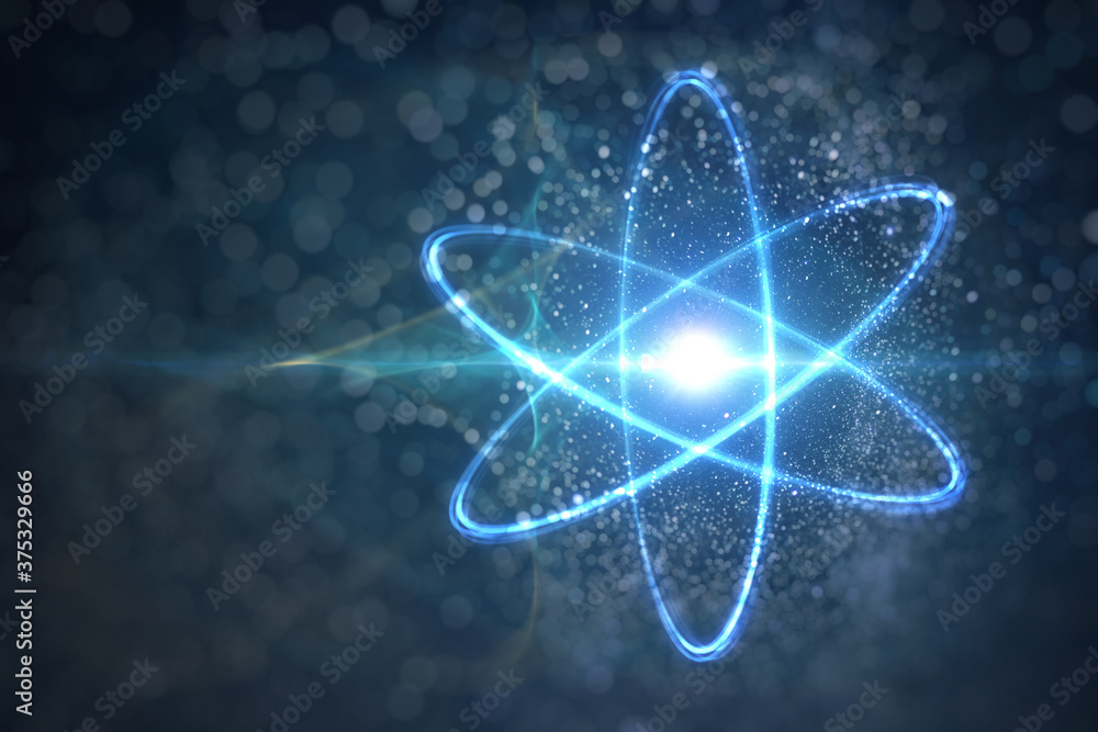 Wall mural model of atom and elementary particles. physics concept. 3d rendered illustration.