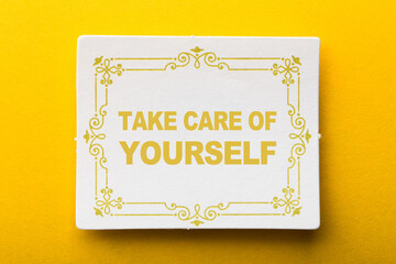 Take Care Of Yourself Frame Label On Yellow Background