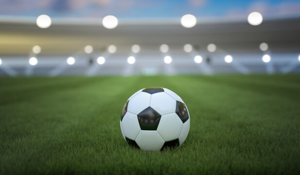 Soccer or football ball on stadium. 3D rendered illustration.