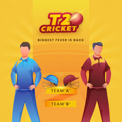 Faceless Cricketers with Helmets of Participants Team A & B on Yellow Background for T20 Cricket, Biggest Fever Is Back.