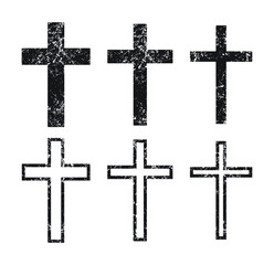 Cross  vector shape symbol collection.  Christianity sign with grunge texture set. Christian  religion icon. Catholic and protestant faith logo or image. Black silhouette isolated on white background.