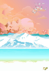 Fototapeta na wymiar Picturesque arctic landscape with ocean and mountains set against a dawn or dusk pink sky