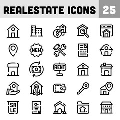 25 Real Estate Icons in Black Line Art.