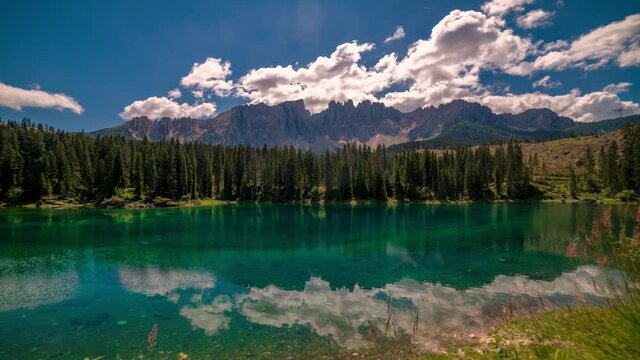 Timelapse view of Carezza lake in the Dolomites, Italian Alps