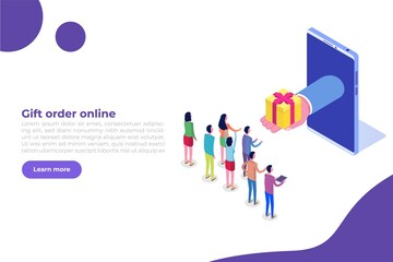 Obraz premium Gift order online, Online shopping, E commerce concept. People buy gifts. Vector illustration