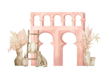 Watercolor set with pink arch, pots, monkey. Moroccan composition with urban elements, dried leaves, lantern and stairs. Aesthetic North African architecture. Vintage poster
