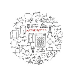 Round composition with hand drawn mathematics formules and other elemets. Science collection. Vector doodlle illustration