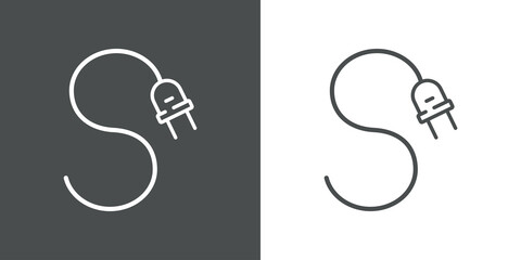 Concepto energía eléctrica. Logotipo lineal letra inicial S con enchufe eléctrico con cable en fondo gris y fondo blanco - obrazy, fototapety, plakaty