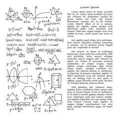 Illustration with hand drawn mathematics formules and other elemets. Science collection. Vector.