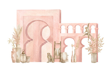 Watercolor set with pink arch, pots, monkey. Moroccan composition with urban elements, dried leaves, lantern and stairs. Aesthetic North African architecture. Vintage poster
